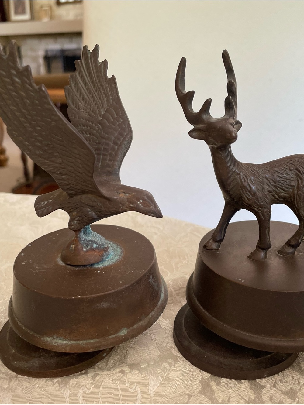 Musical Pair Vtg Brass Eagle and Stag Deer w/Patina “White Xmas” & Nat’l Anthem